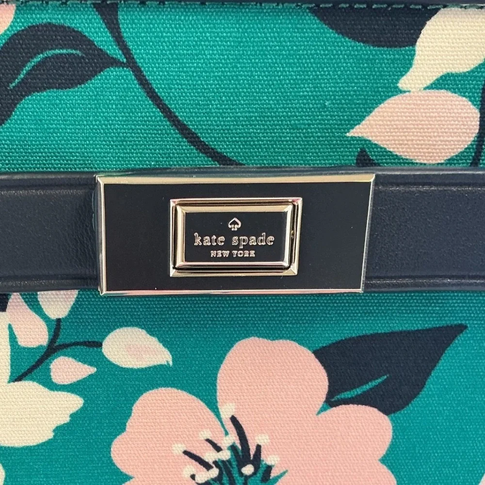 Kate Spade Lucia‎ Lily Blooms Medium Canvas Satchel Navy Leather Trim Handbag